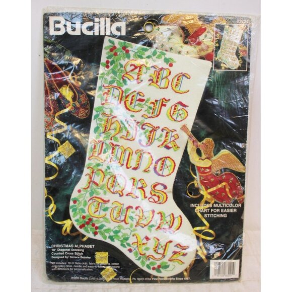 Vtg 1995 Bucilla Christmas Alphabet Cross Stitch Kit Stocking Kid Teacher School - Picture 1 of 6